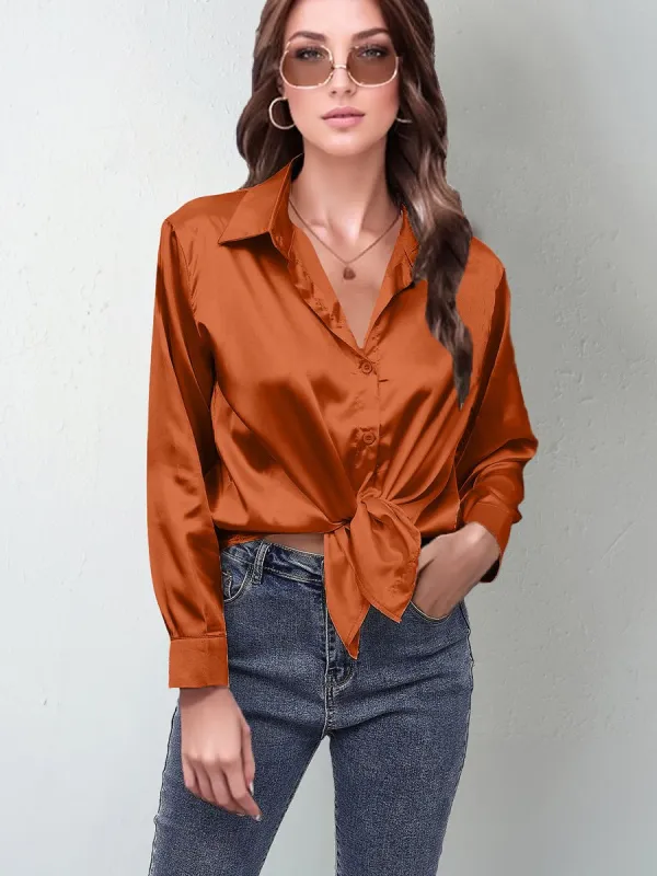 spring and summer new style satin satin shirt female imitation silk long-sleeved shirt made by Negative