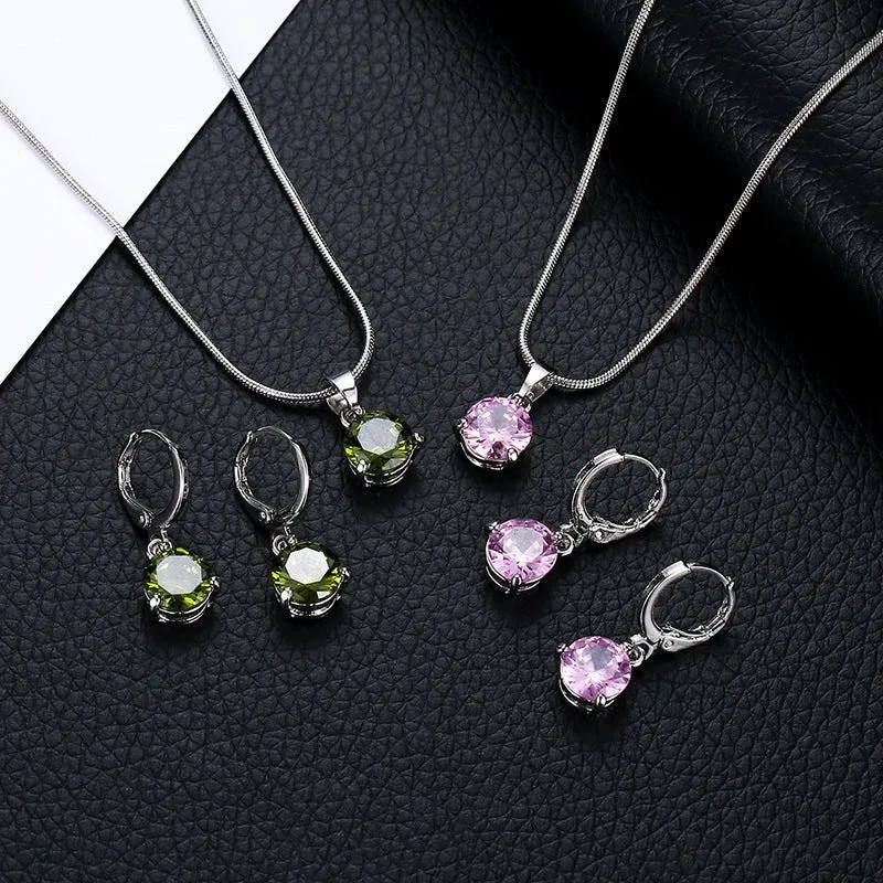 Jewelry combination necklace earrings set round multi-color zircon pendant made by Negative