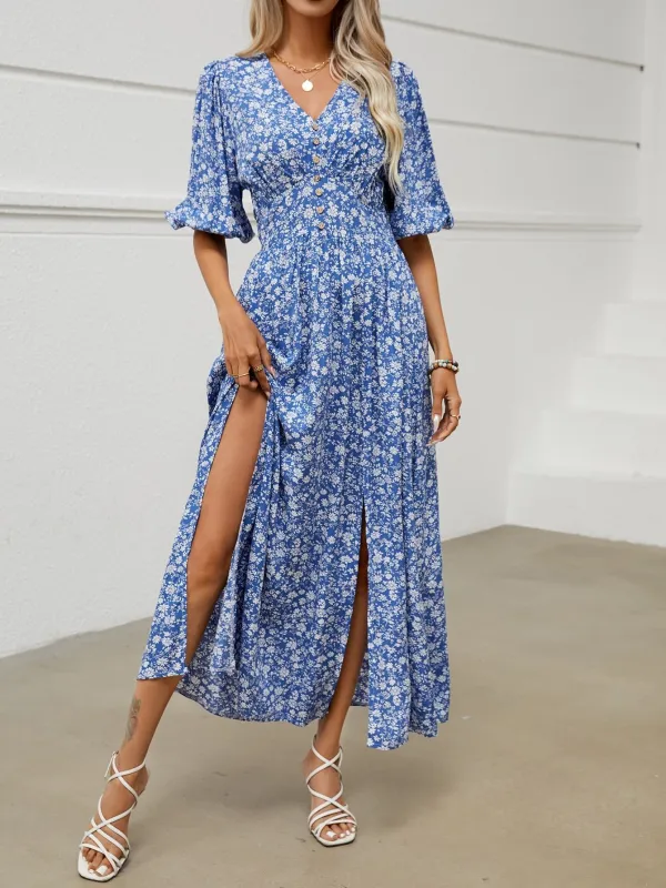 The Seaside Boho | Women's Floral Print V-Neck Lantern Sleeve Maxi Dress made by Negative