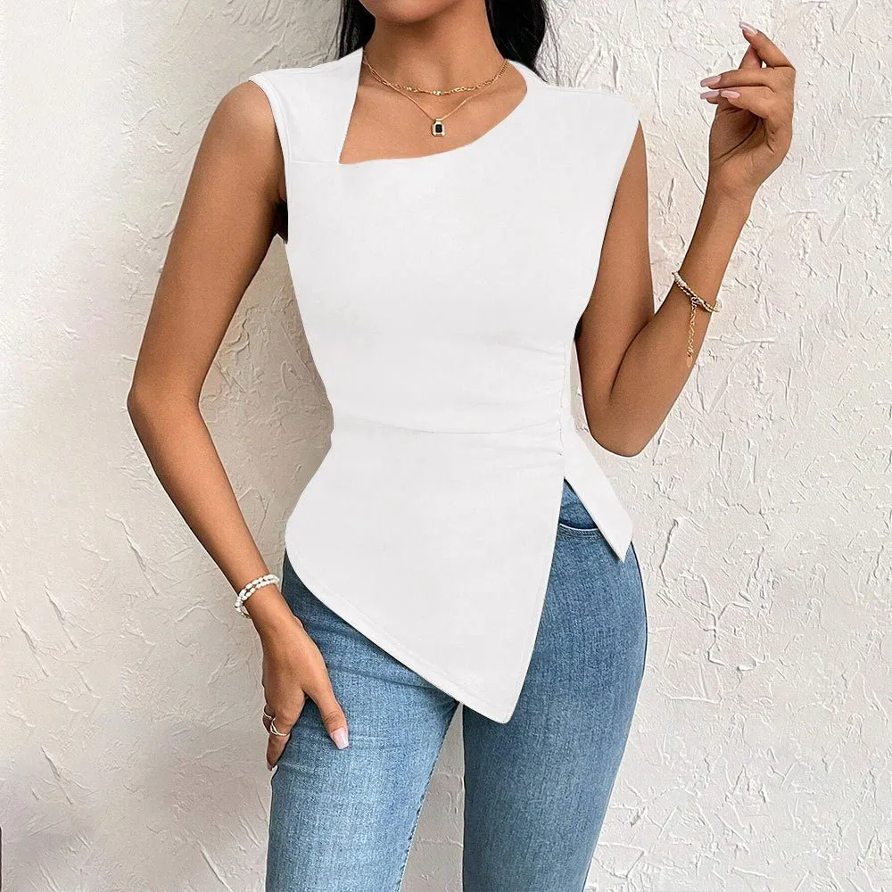 2025 spring and summer oblique collar slim short solid color top sold by Negative product image thumbnail 2