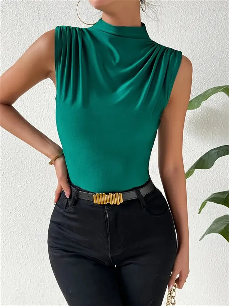 Knitted elastic collar sleeveless tops women solid color slim fit t-shirt sold by Negative product image thumbnail 4