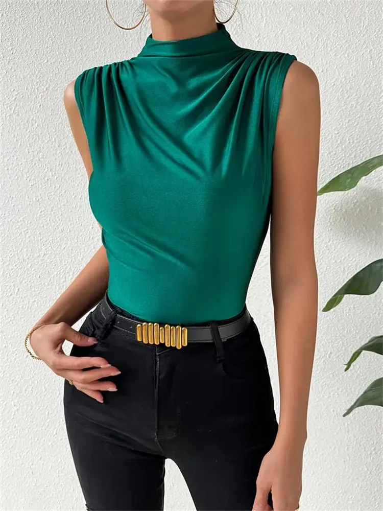 Knitted elastic collar sleeveless tops women solid color slim fit t-shirt sold by Negative product image thumbnail 3