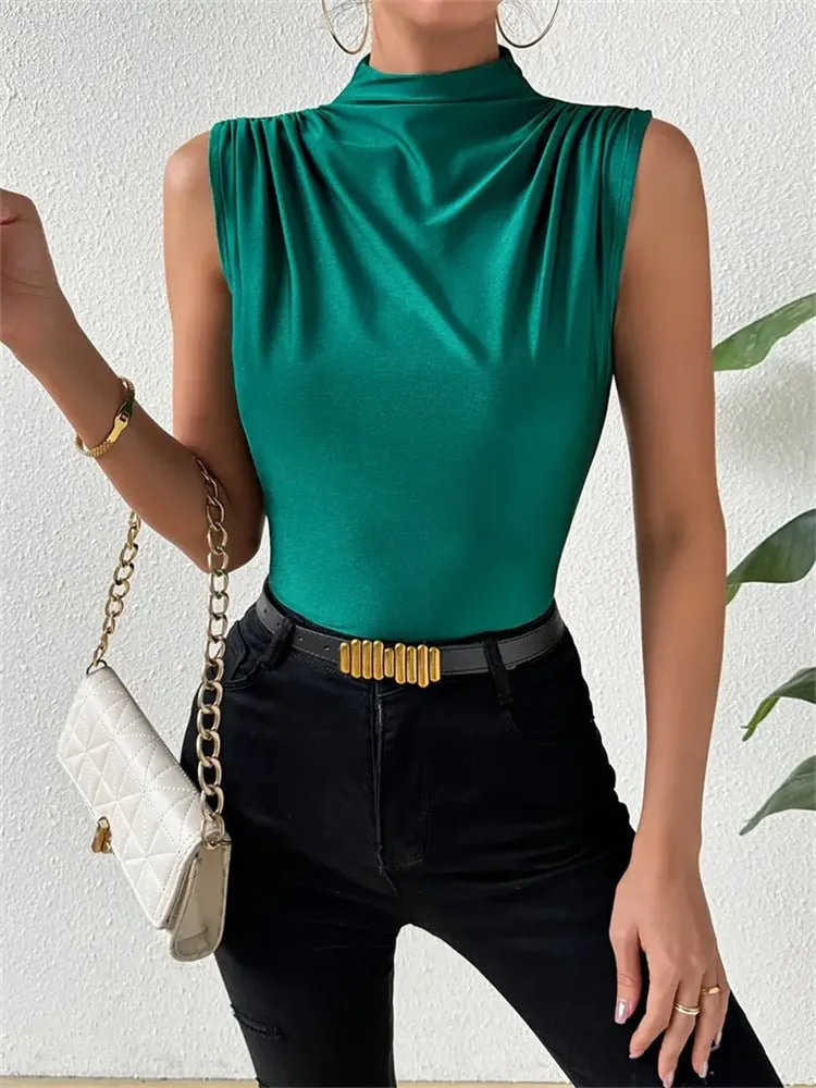 Knitted elastic collar sleeveless tops women solid color slim fit t-shirt sold by Negative product image thumbnail 5