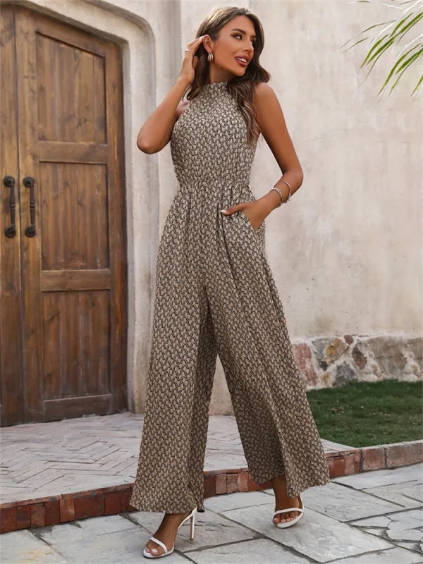 The Elegant Bloom | Floral Elastic Waist Halter Neck Wide-Leg Jumpsuit made by Negative