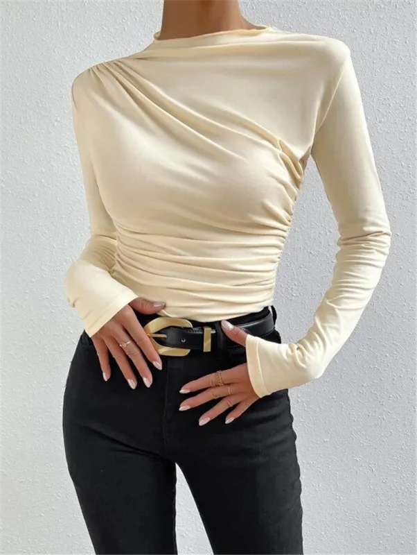 Solid color slim bottoming shirt versatile pleated design long-sleeved T-shirt sold by Negative