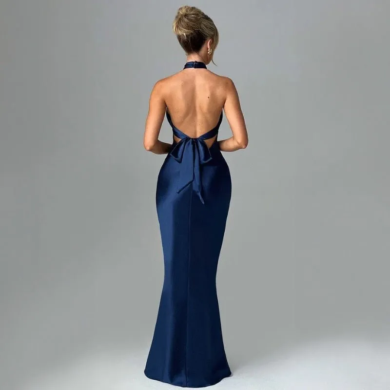 The Sultry Grace | Solid Color Halter Backless Maxi Dress sold by Negative product image thumbnail 4
