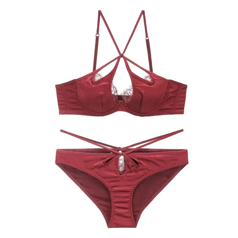 The Velvet Temptation | French Glossy Hollow Lace Push-Up Bra Set made by Negative