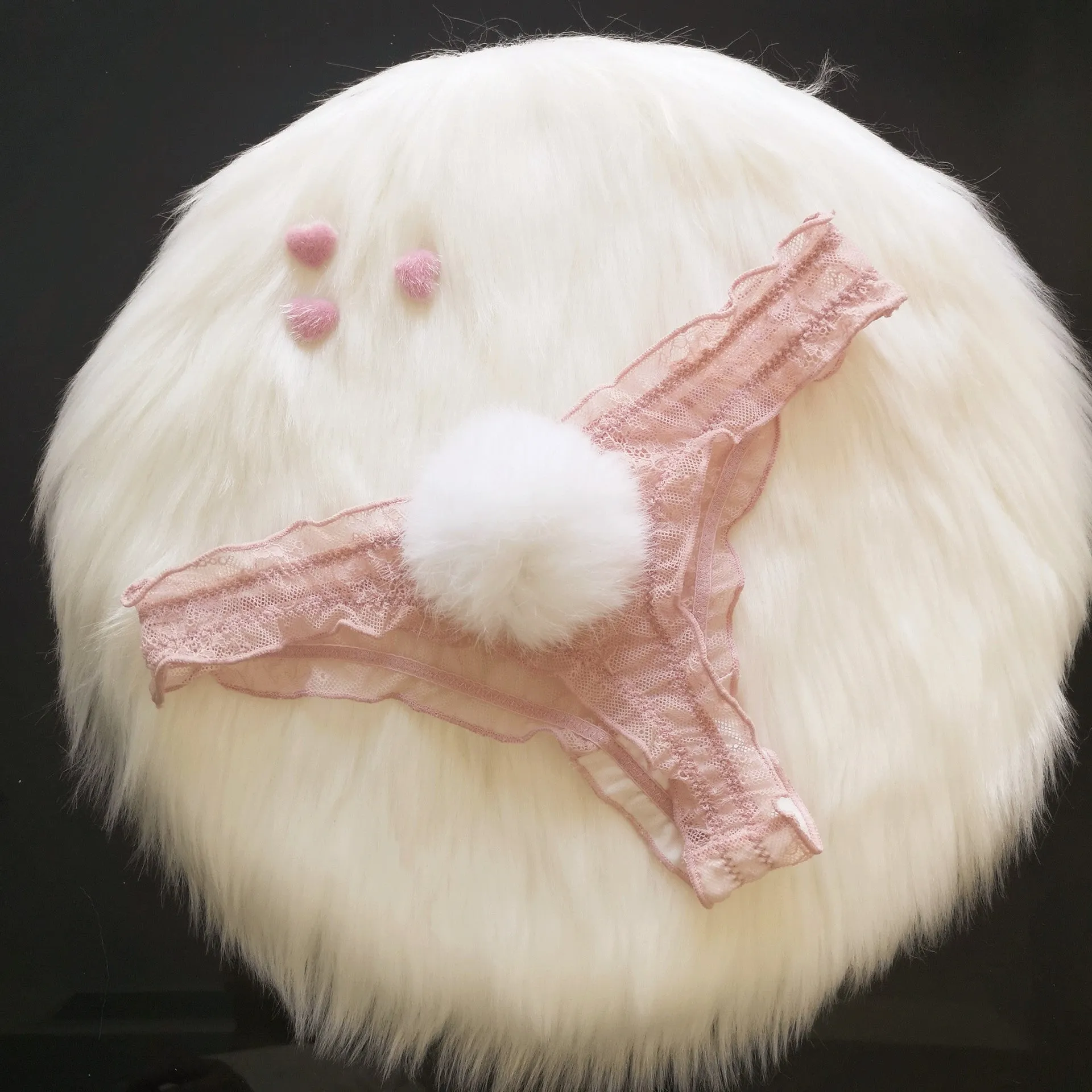 The Playful Whisper | Detachable Rabbit Fur Ball Lace T-Back Thong sold by Negative product image thumbnail 3