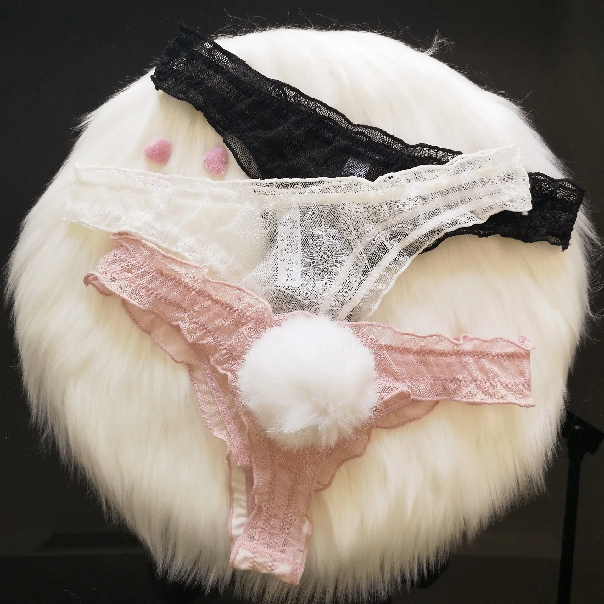 The Playful Whisper | Detachable Rabbit Fur Ball Lace T-Back Thong sold by Negative