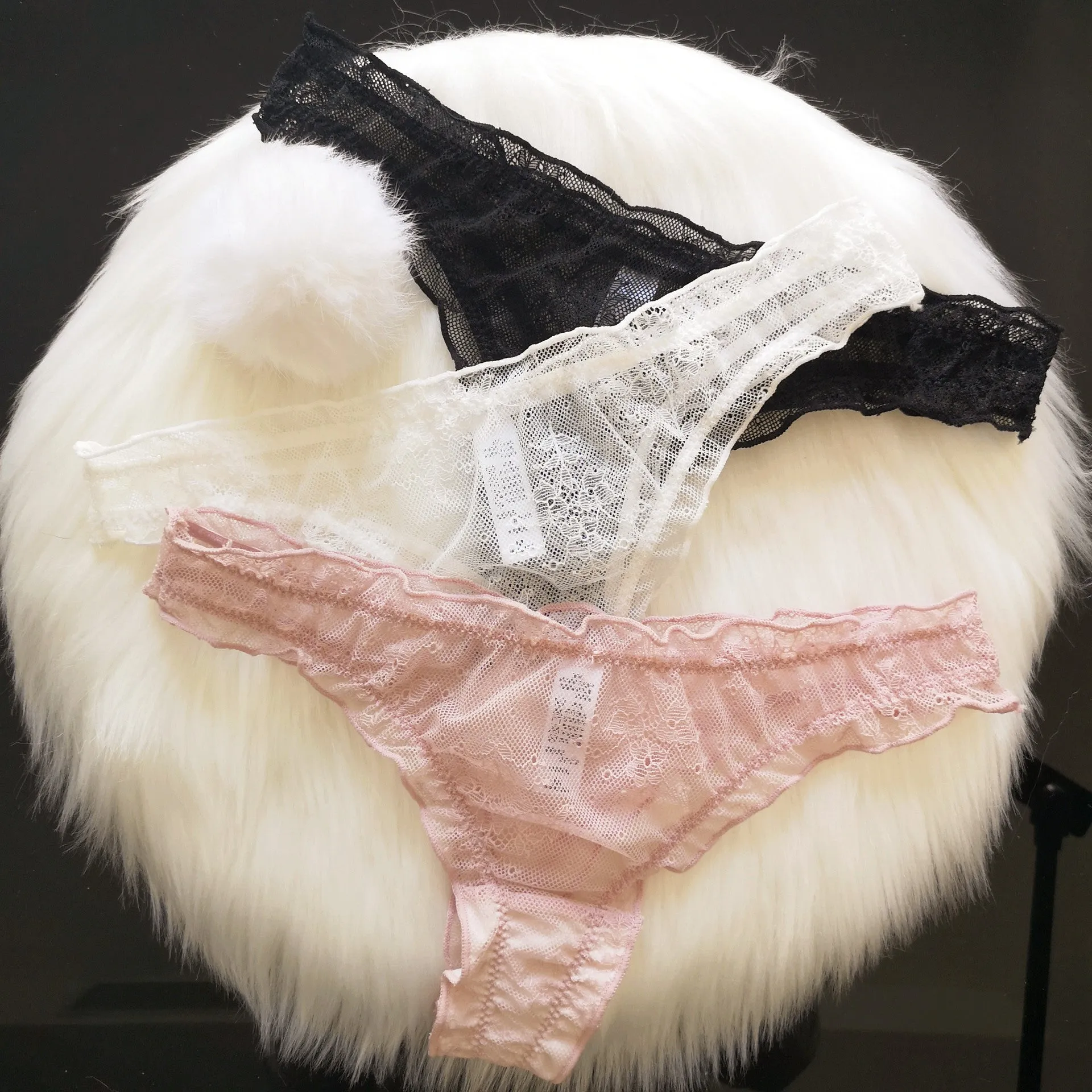The Playful Whisper | Detachable Rabbit Fur Ball Lace T-Back Thong sold by Negative product image thumbnail 5