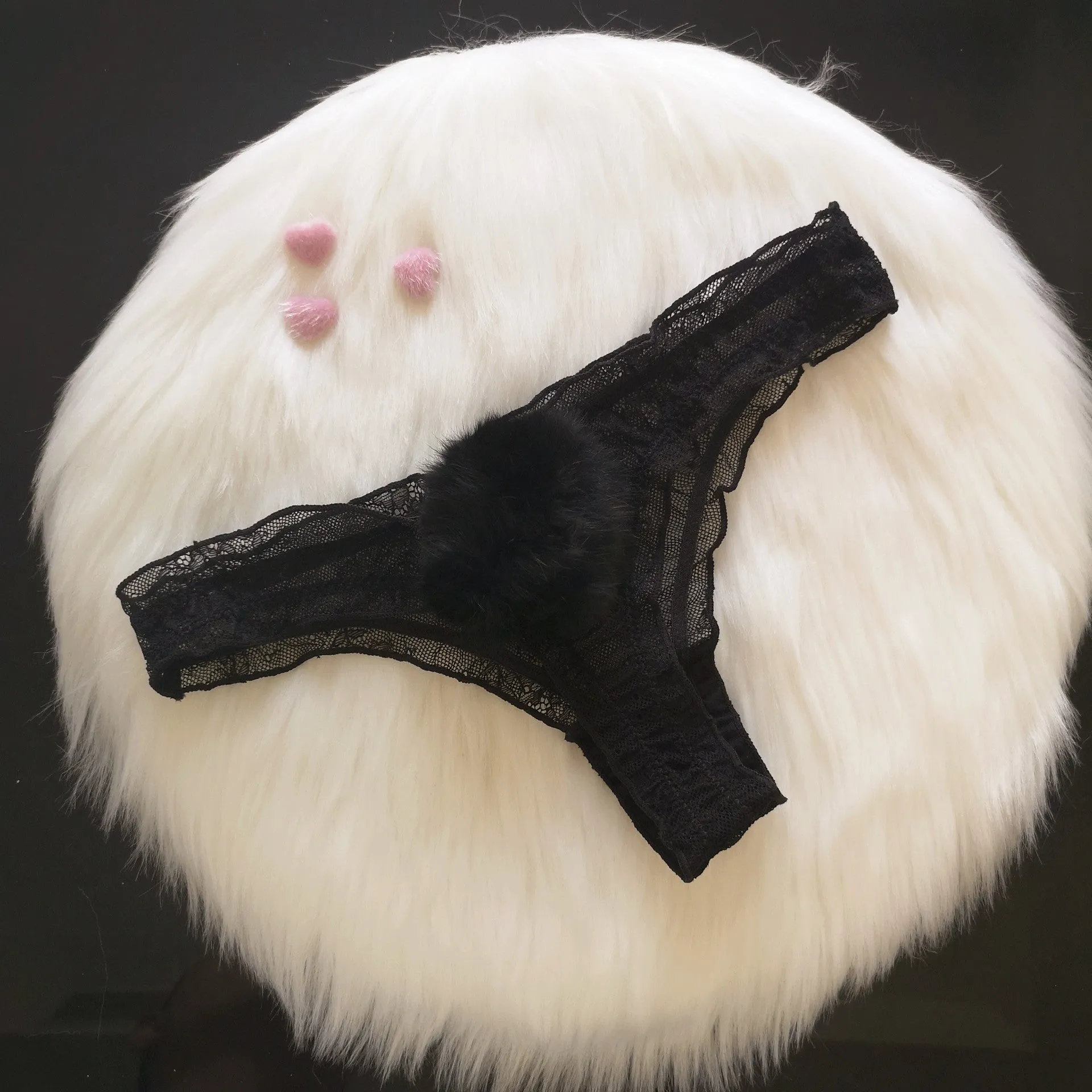 The Playful Whisper | Detachable Rabbit Fur Ball Lace T-Back Thong sold by Negative product image thumbnail 2