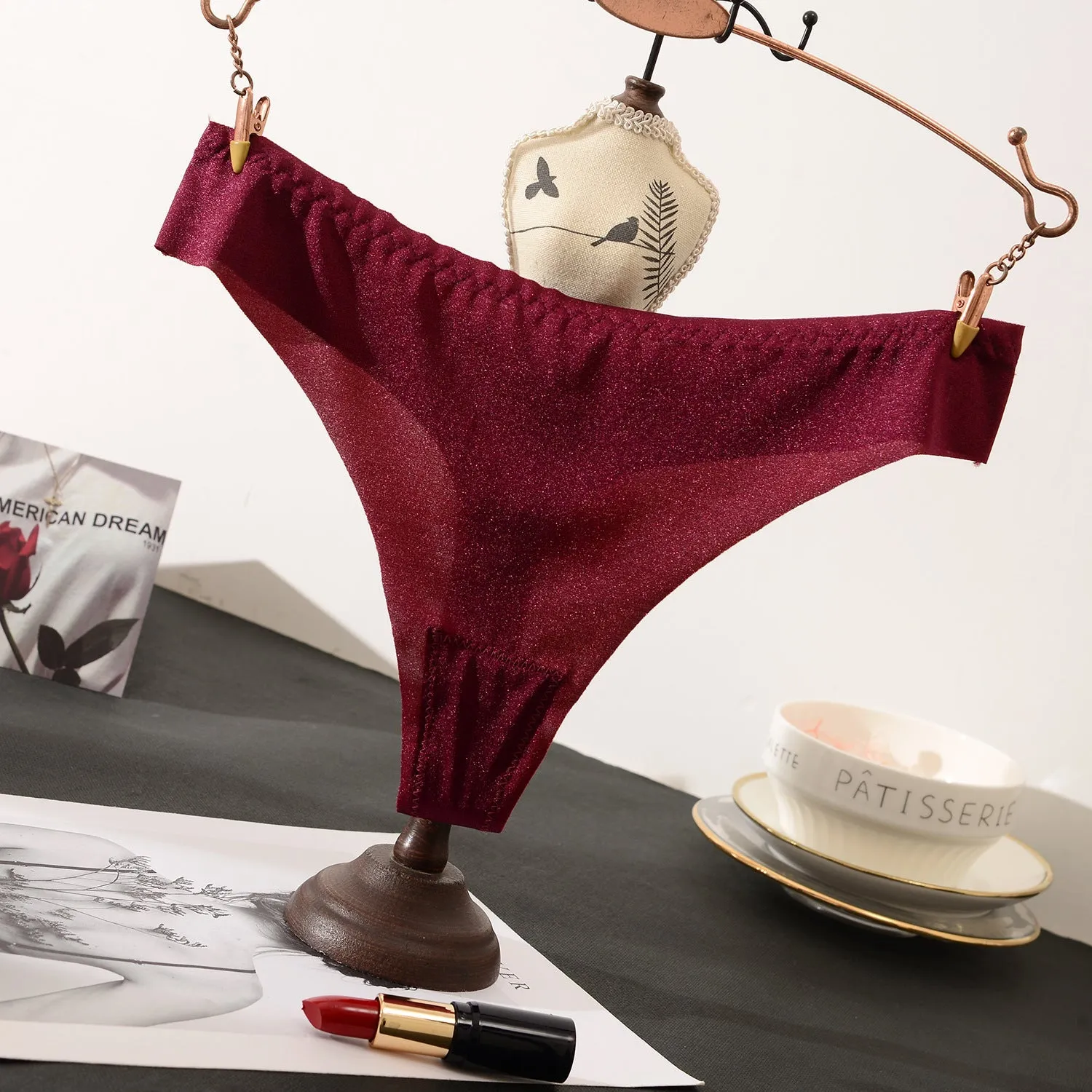 The Shimmering Allure | Lace Low-Rise Satin Thong Panties sold by Negative