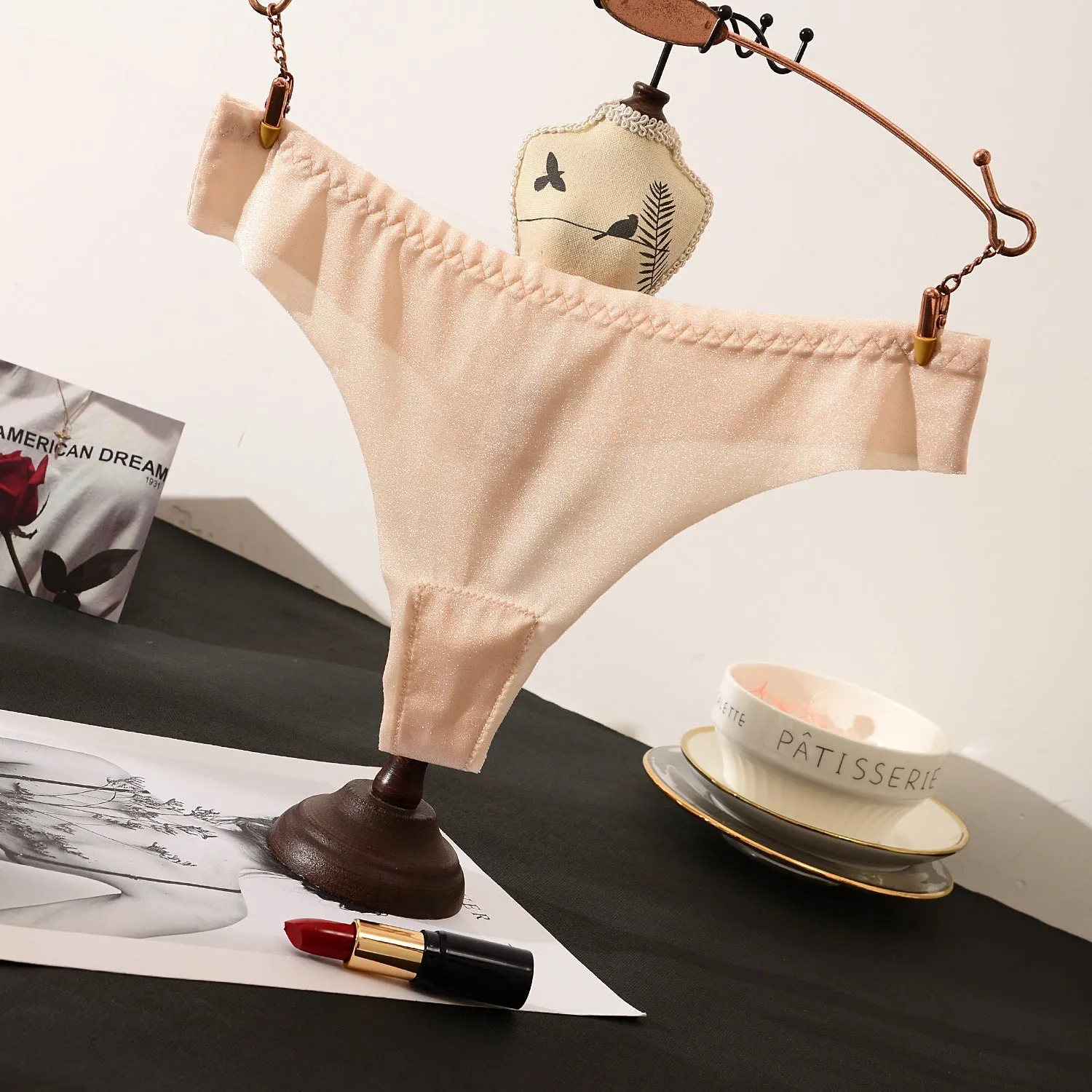 The Shimmering Allure | Lace Low-Rise Satin Thong Panties sold by Negative product image thumbnail 5