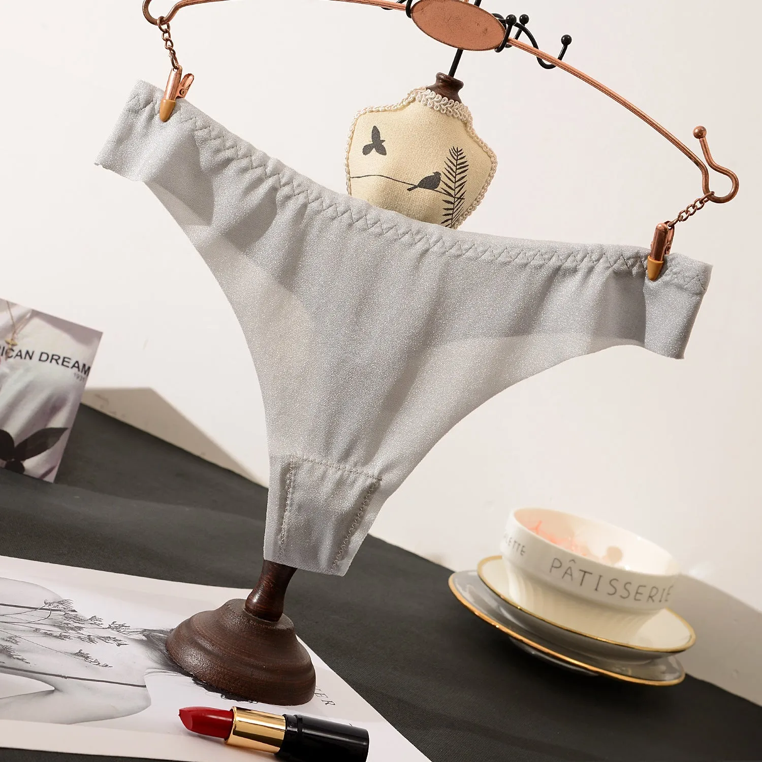 The Shimmering Allure | Lace Low-Rise Satin Thong Panties sold by Negative product image thumbnail 2