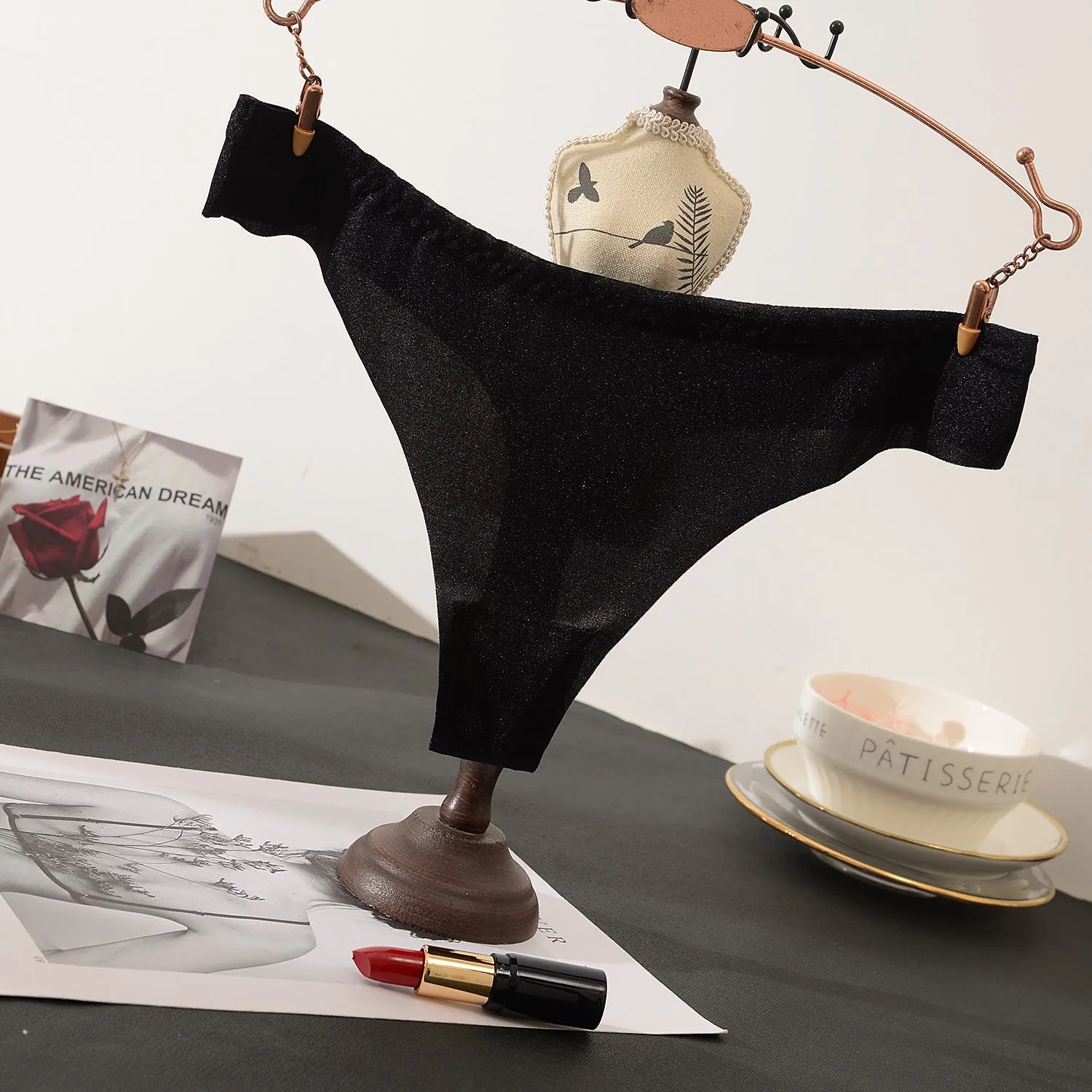 The Shimmering Allure | Lace Low-Rise Satin Thong Panties sold by Negative product image thumbnail 3