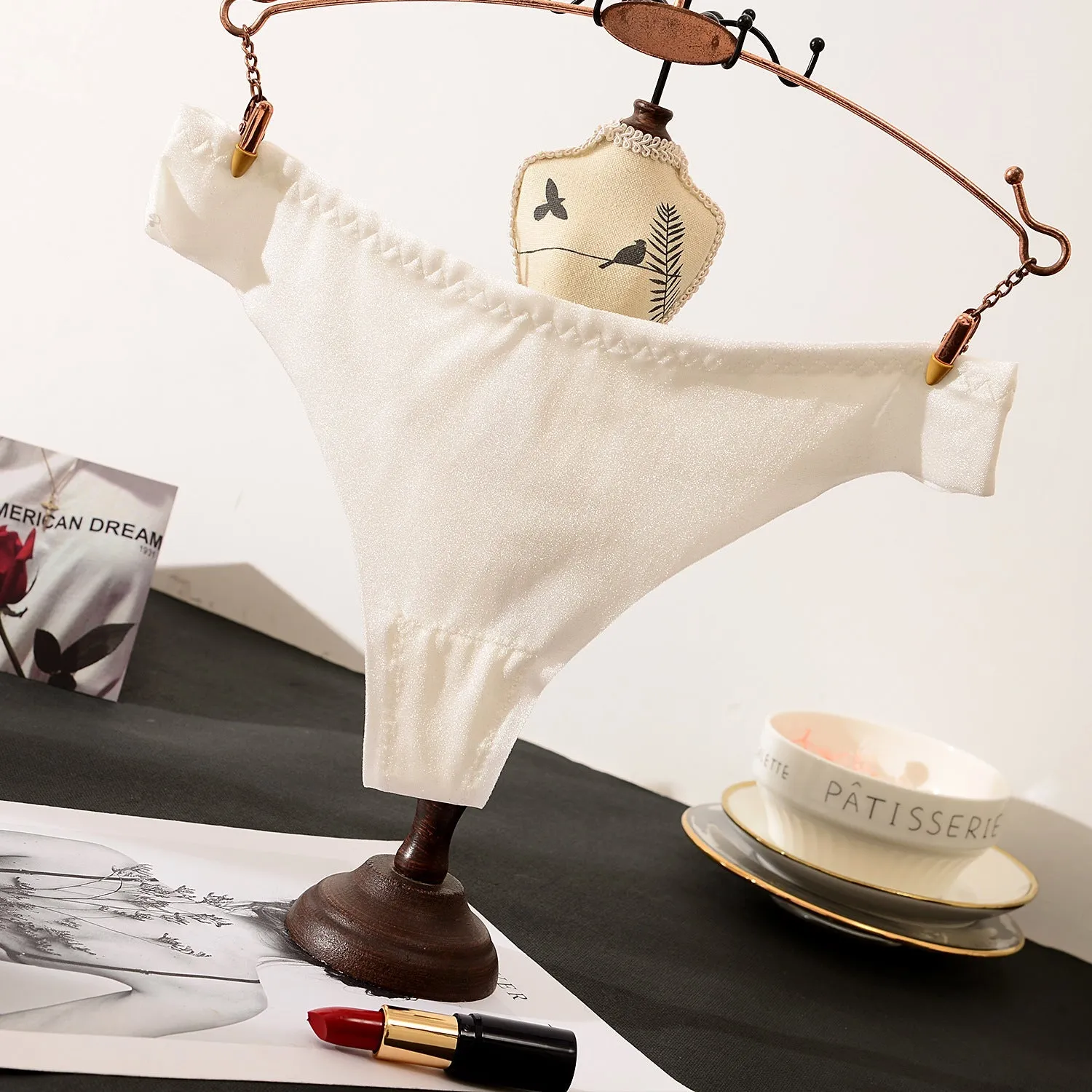 The Shimmering Allure | Lace Low-Rise Satin Thong Panties sold by Negative product image thumbnail 4