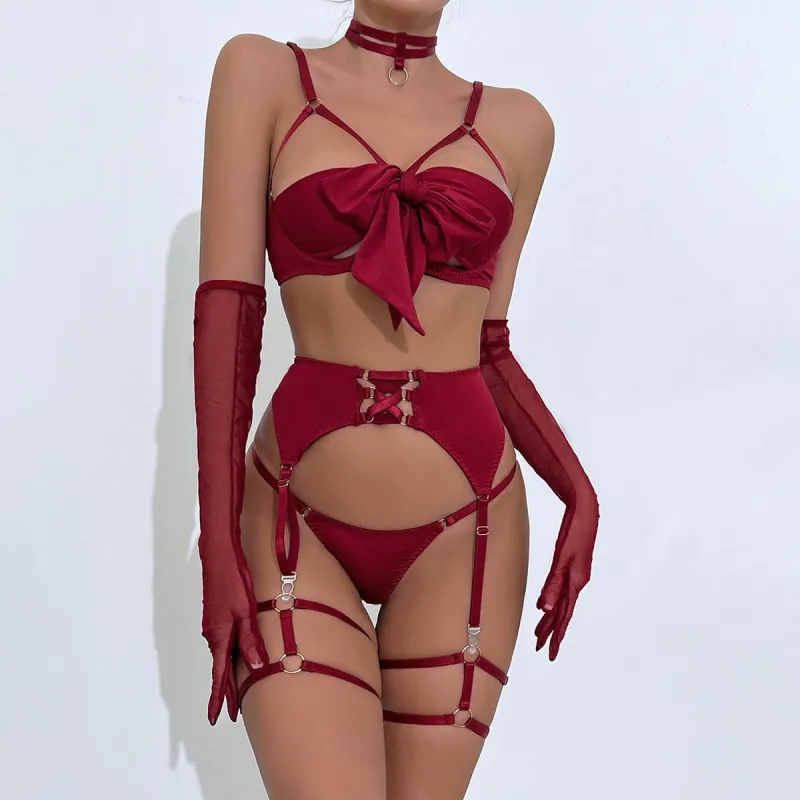 The Velvet Bow | Bow Tie Steel Ring Gather Lingerie Four-Piece Set sold by Negative