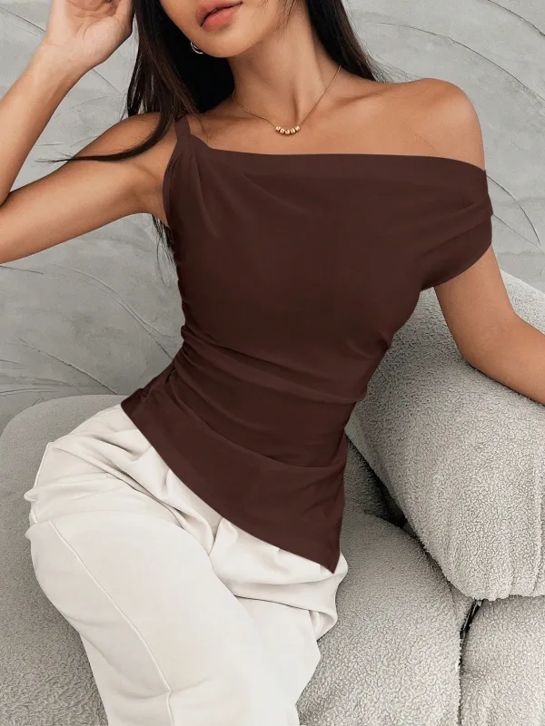 Women Asymmetrical Shoulder Ruched Uneven Hem Casual T-Shirt, Summer made by Negative
