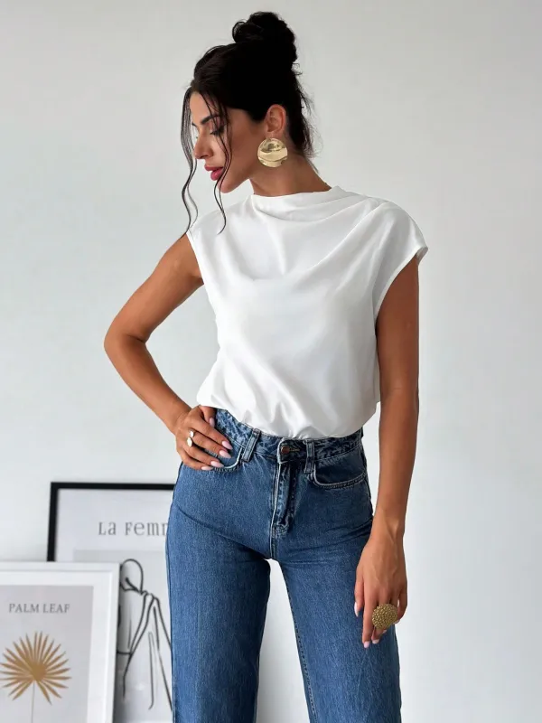 Women's Chic Elegant Simple Office Commuter Stand Collar Asymmetric Shoulder Pleat Capped Sleeve Fitted Blouse made by Negative