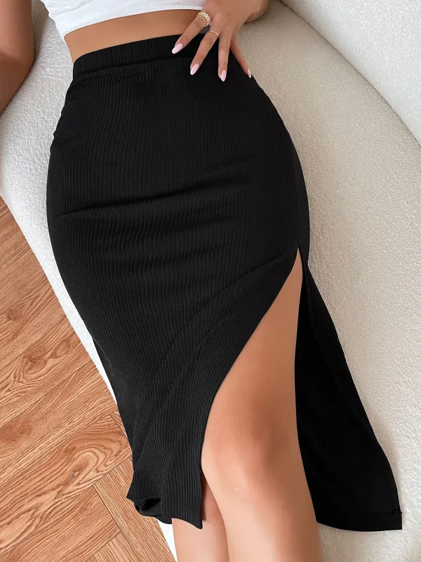 High Waist Solid Ribbed Knit Slit Skirt sold by Negative