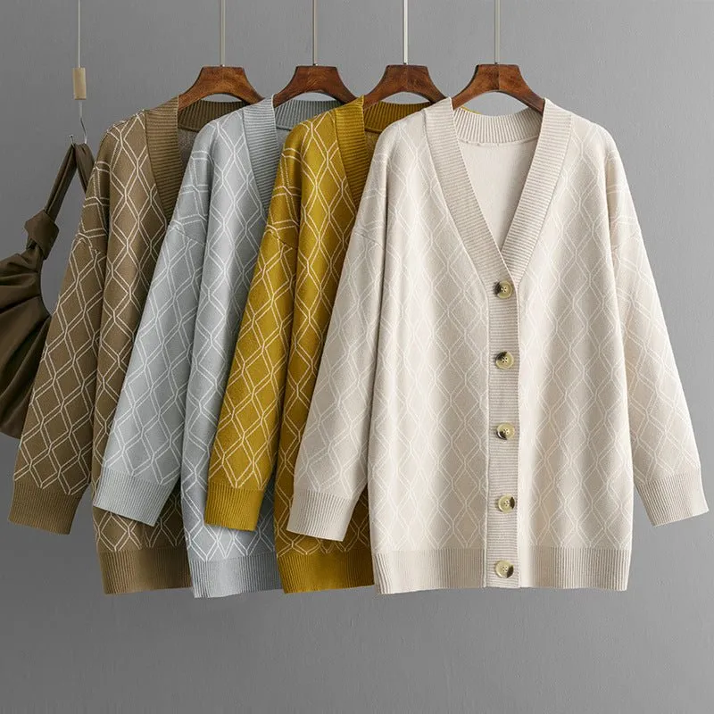 The Diamond Grace | Women's V-Neck Diamond Pattern Knit Cardigan made by Negative