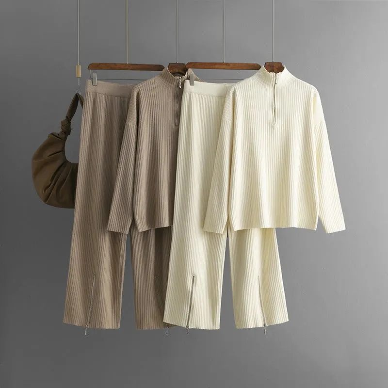 The Zyra Zip | Solid Color High-Collar Zipper Knit Two-Piece Set made by Negative