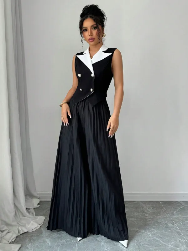 Contrast Color Blazer Lapel Double-Breasted Pleated Elegant Romantic Women's Suit Set made by Negative