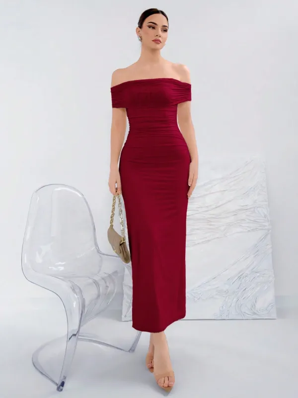 Elegant Ruched Off-Shoulder Bodycon Dress For Summer sold by Negative