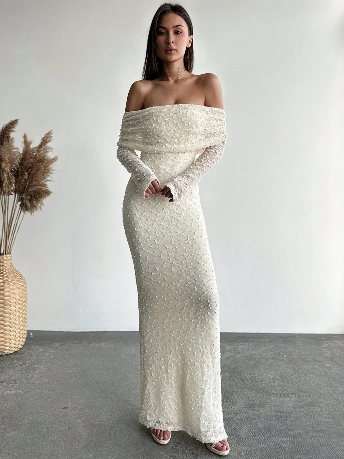 1pc Women's Off-Shoulder Long Sleeve Tight-Fitted Short Length Textured Fabric Dress, Romantic For Date Night & Vacation, Karaoke sold by Negative product image thumbnail 5