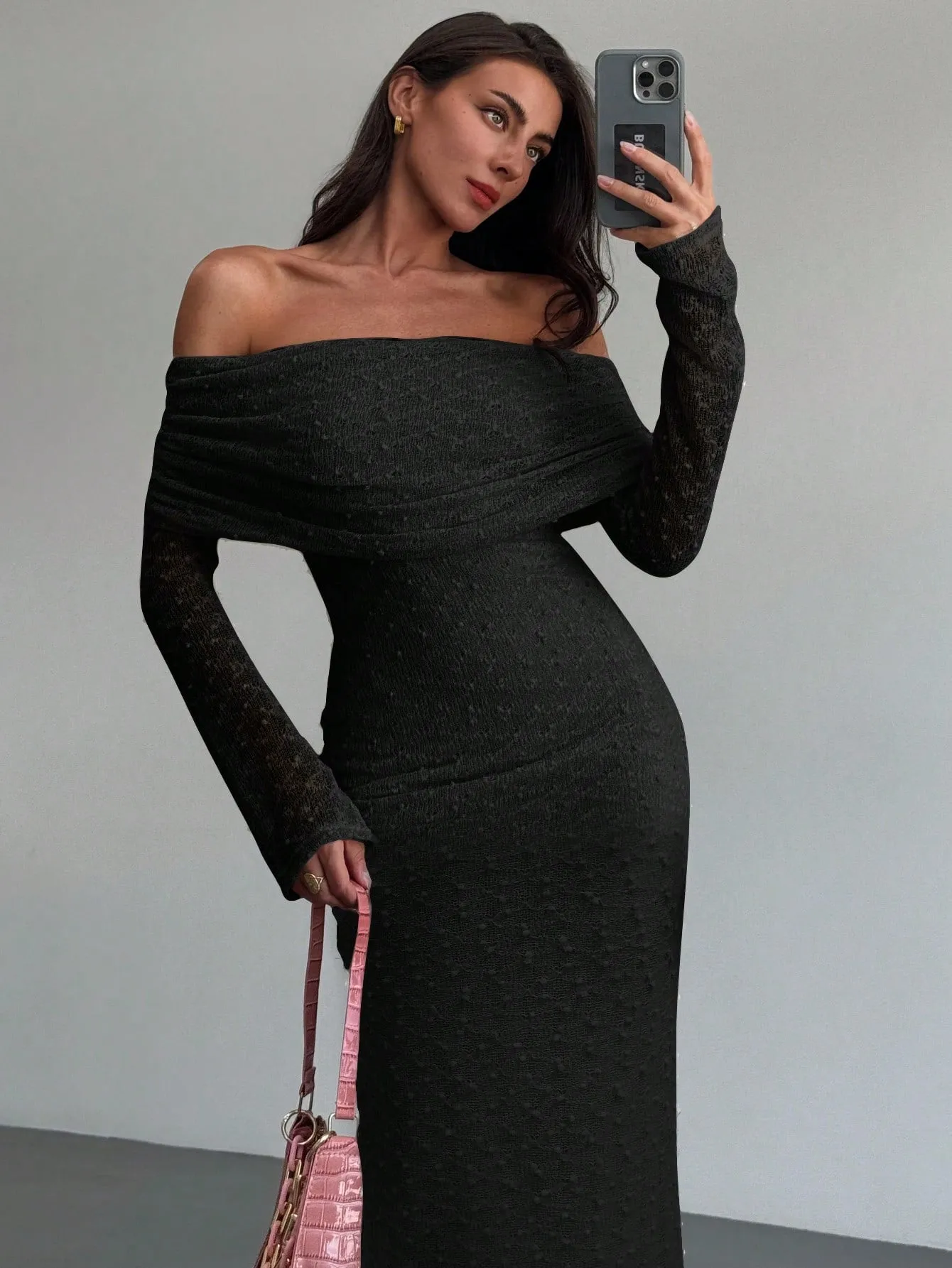 1pc Women's Off-Shoulder Long Sleeve Tight-Fitted Short Length Textured Fabric Dress, Romantic For Date Night & Vacation, Karaoke sold by Negative product image thumbnail 2