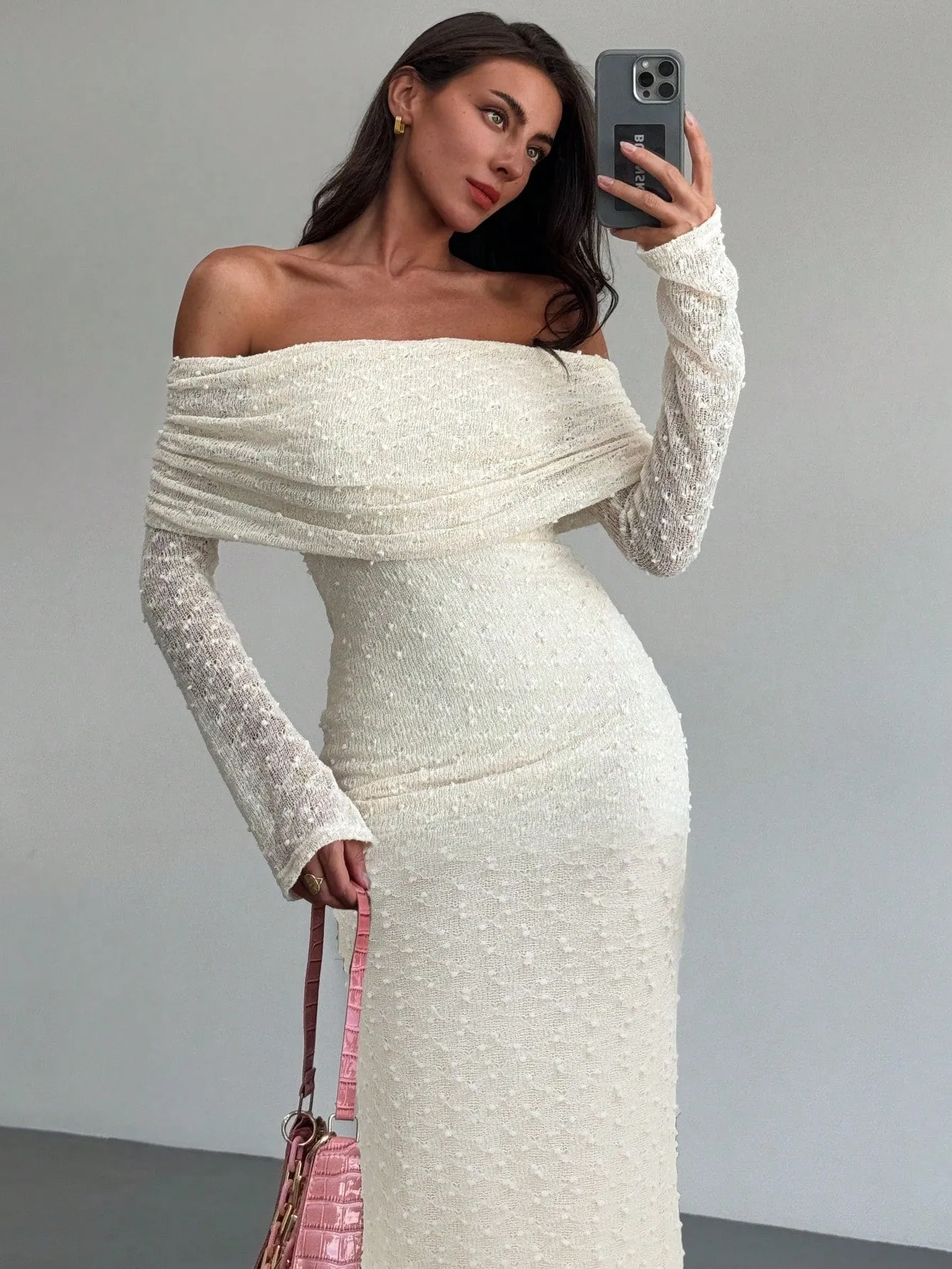 1pc Women's Off-Shoulder Long Sleeve Tight-Fitted Short Length Textured Fabric Dress, Romantic For Date Night & Vacation, Karaoke sold by Negative
