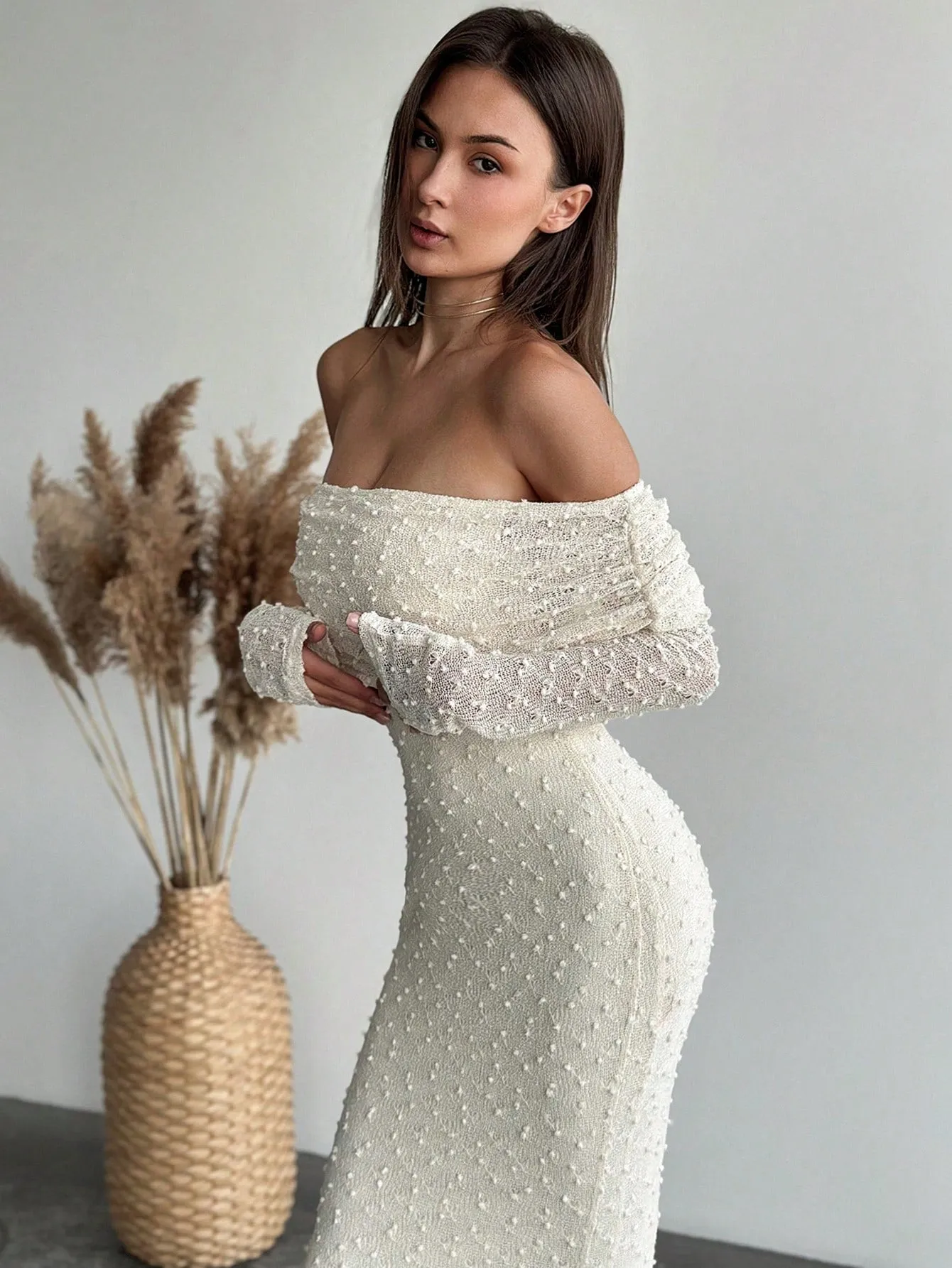 1pc Women's Off-Shoulder Long Sleeve Tight-Fitted Short Length Textured Fabric Dress, Romantic For Date Night & Vacation, Karaoke sold by Negative product image thumbnail 4