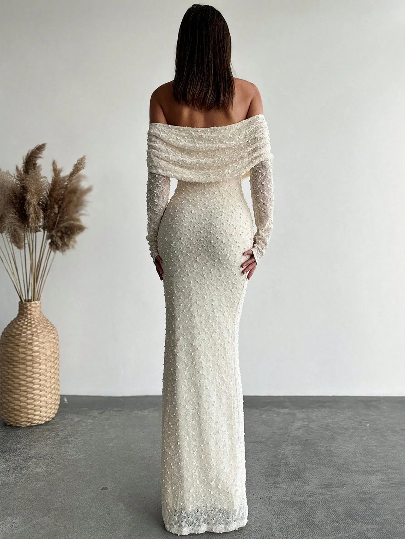1pc Women's Off-Shoulder Long Sleeve Tight-Fitted Short Length Textured Fabric Dress, Romantic For Date Night & Vacation, Karaoke sold by Negative product image thumbnail 3