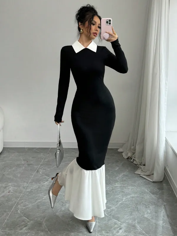 Women's Solid Color Contrast Collar Long Sleeve Slim Fit Dress made by Negative