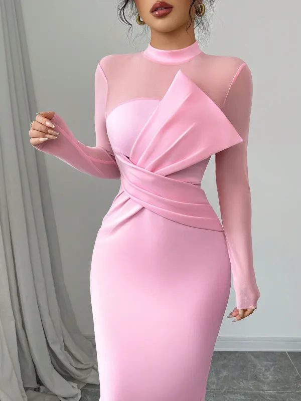 Elegant Quality Mesh Panel Long Sleeve Midi Dress, Waist Defined Party Dress With Slit made by Negative