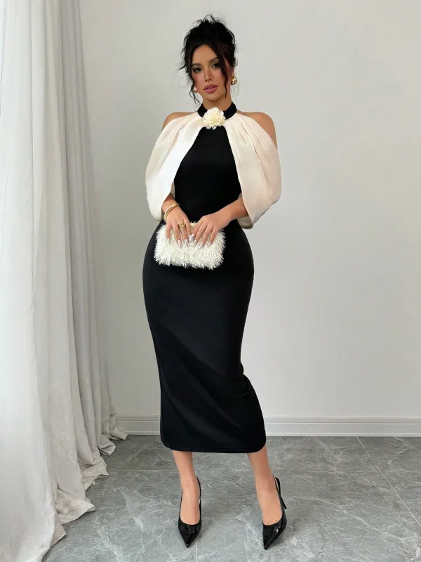 Color Block 3D Floral Decor Off Shoulder Casual Dress Maxi Women Outfit sold by Negative