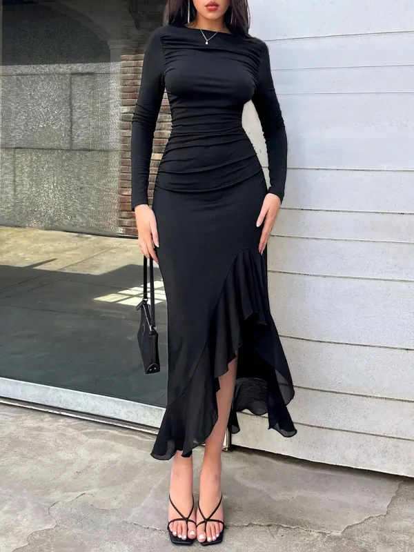 Women's Elegant Black Asymmetrical Ruffle Slim Pleated Long Dresse sold by Negative