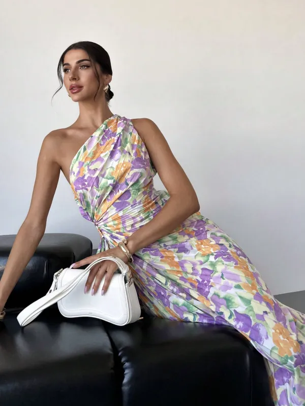 Women Elegant Resort Beach Tie-Dye Floral Print Pleated One-Shoulder Hollow-Out Drawstring Midi Dress, Summer made by Negative