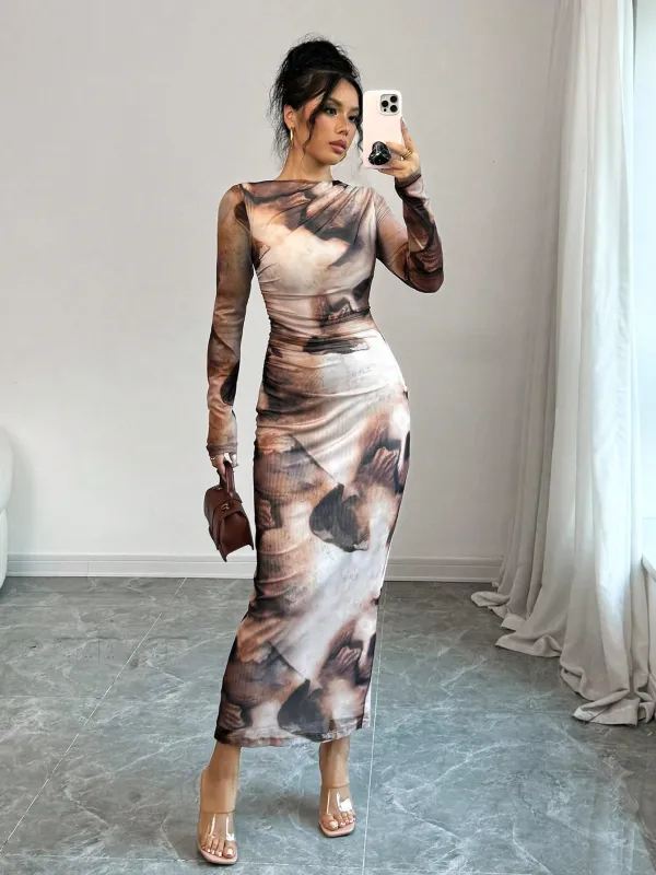 Women's Tie Dye Printed Long Sleeve Long Maxi Bodycon Elegant Dress made by Negative