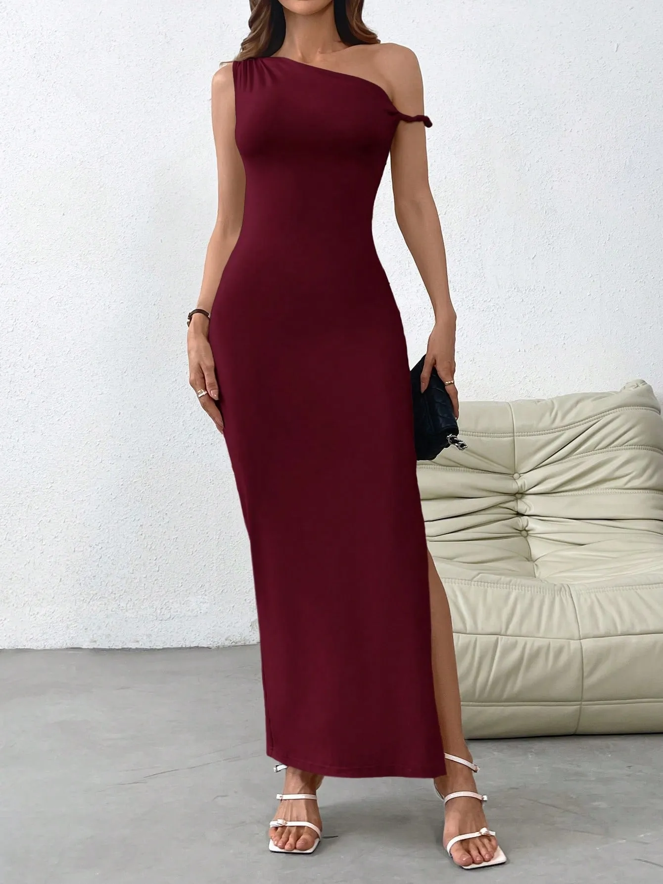 Women's Solid Color Casual Open Slit Oblique Shoulder Knit Dress sold by Negative product image thumbnail 5