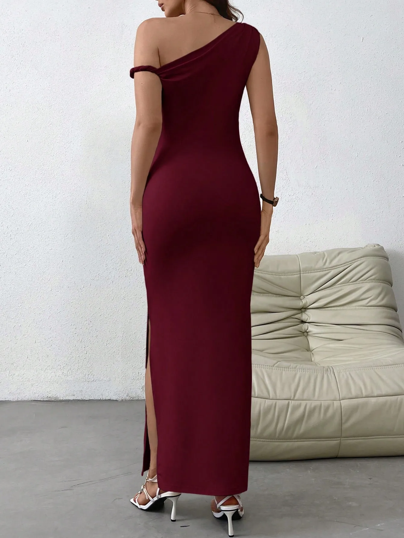 Women's Solid Color Casual Open Slit Oblique Shoulder Knit Dress sold by Negative product image thumbnail 3