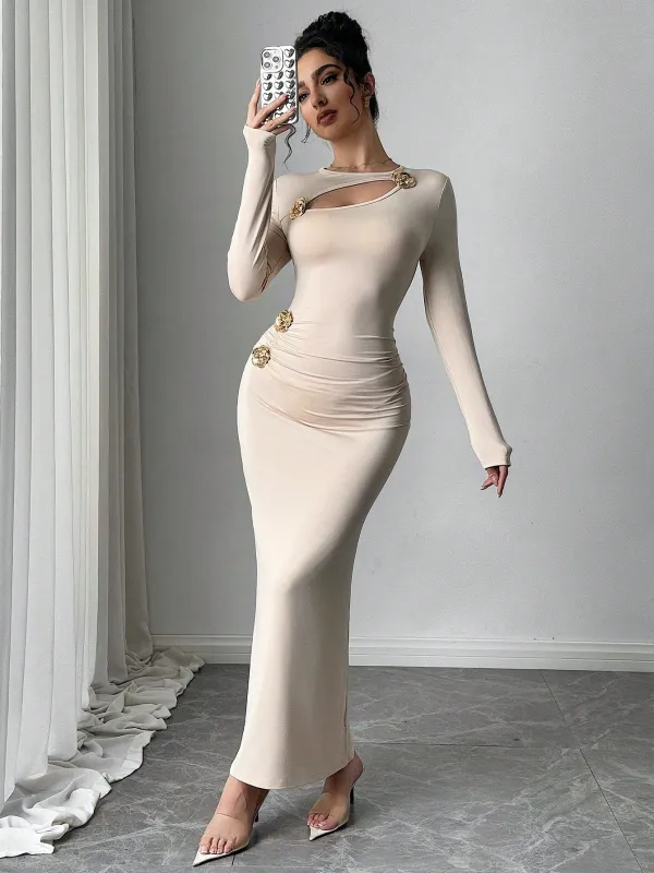 Elegant Women's Sophisticated Romantic Fashion Vintage-Style Laser-Cut Rose Metal Flower Decor Long Sleeve Bodycon Dress made by Negative