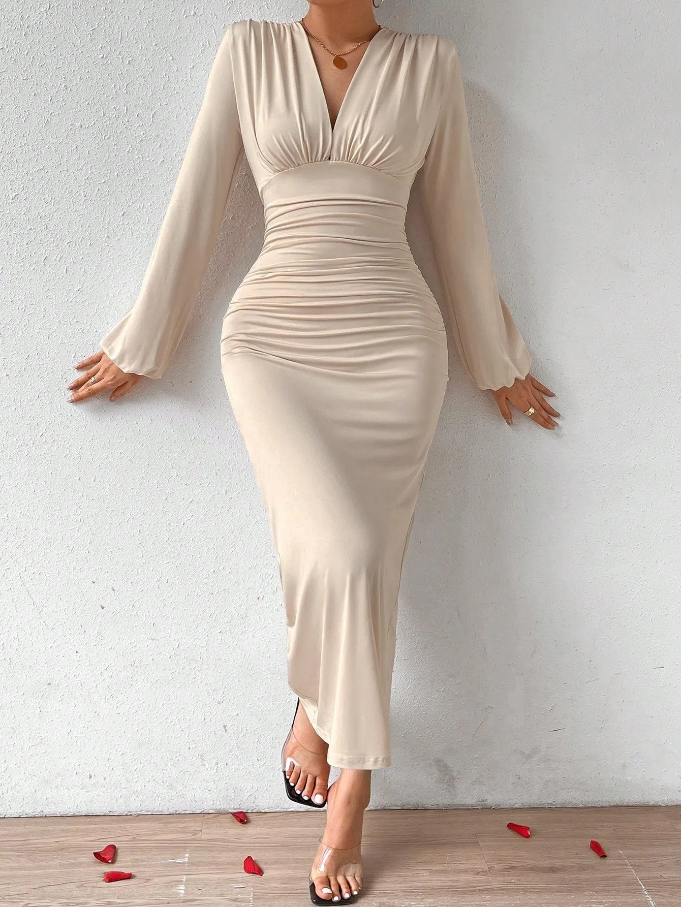 Elegant Women Party V-Neck Leopard Print Ruched Puff Sleeve Dress sold by Negative product image thumbnail 4