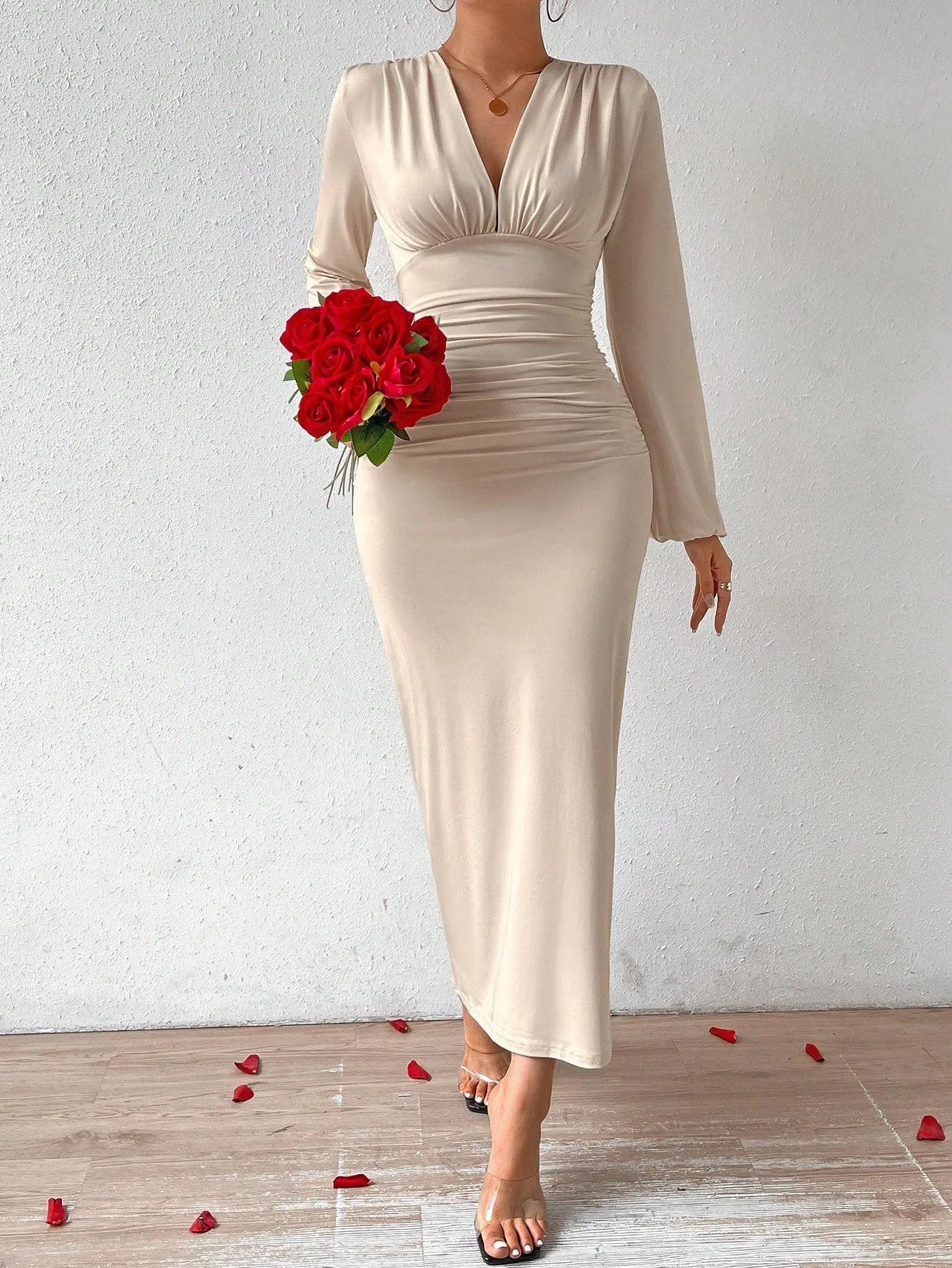 Elegant Women Party V-Neck Leopard Print Ruched Puff Sleeve Dress sold by Negative product image thumbnail 5