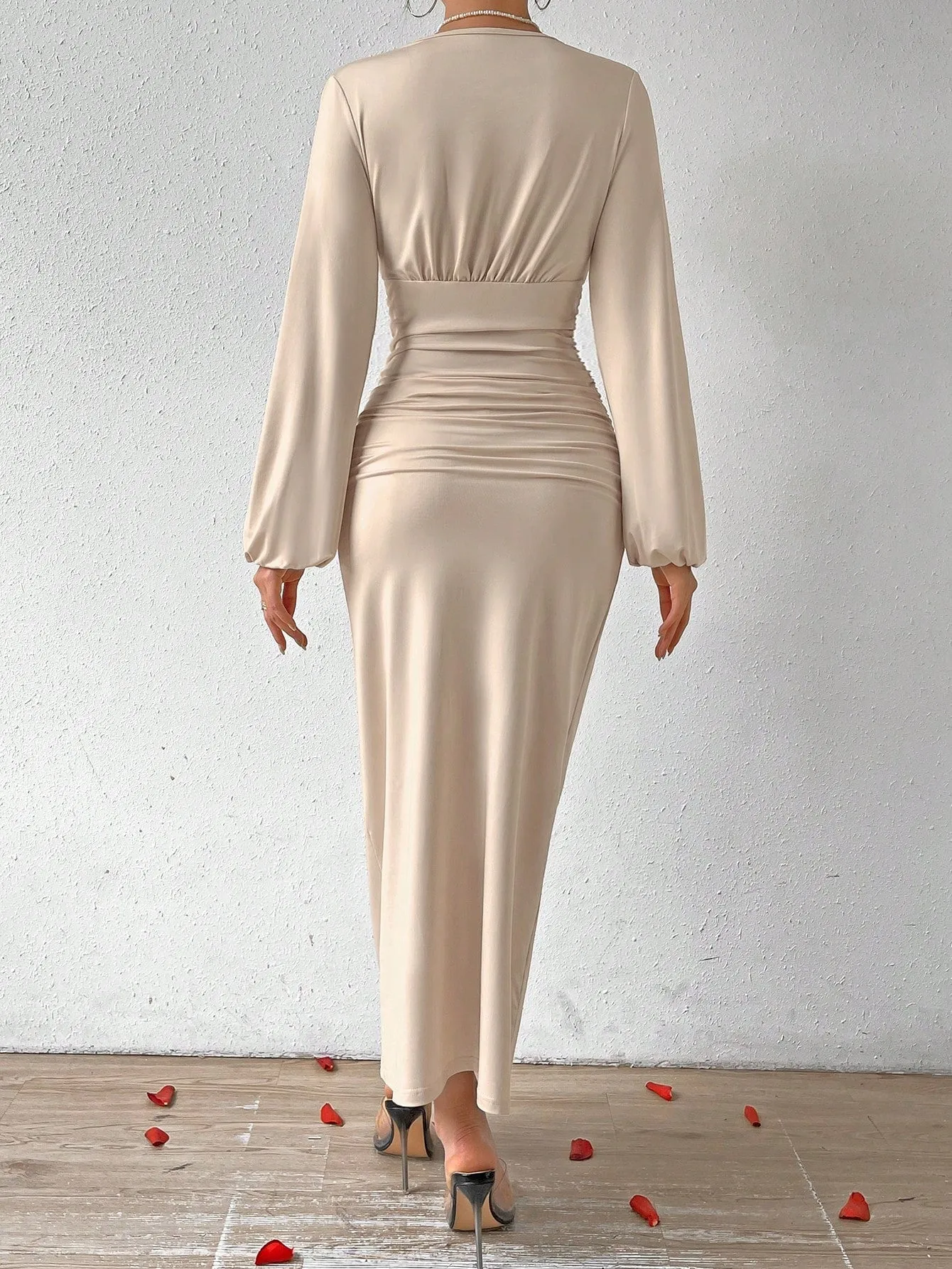Elegant Women Party V-Neck Leopard Print Ruched Puff Sleeve Dress sold by Negative product image thumbnail 3