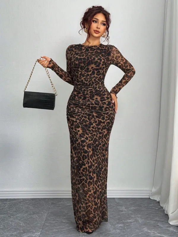 Women Elegant Leopard Print Fitted Mesh Sheer Long Sleeve Dress made by Negative