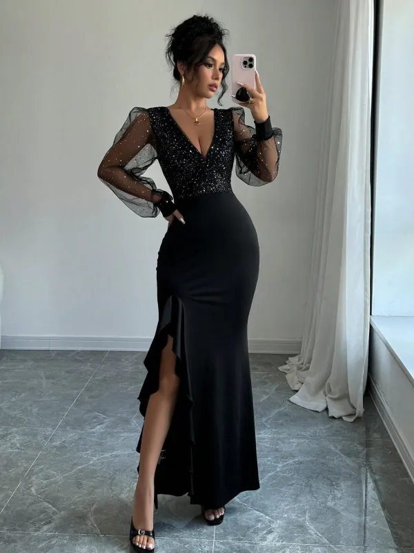 Elegant Sxy V-Neck Waisted High Slit Dress made by Negative