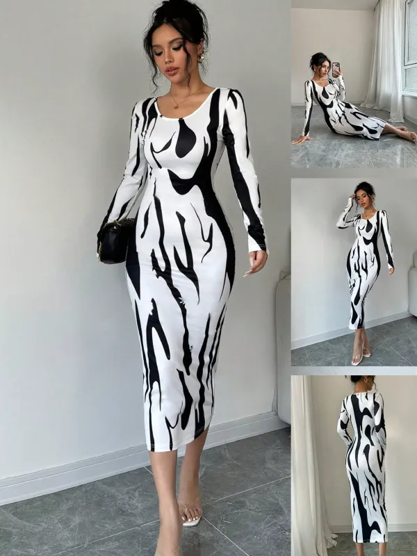 Asymmetrical Print Bodycon Long Sleeve Midi Dress For Women Maxi Women Outfit made by Negative