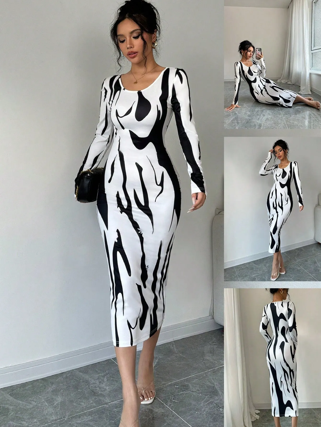 Asymmetrical Print Bodycon Long Sleeve Midi Dress For Women Maxi Women Outfit sold by Negative