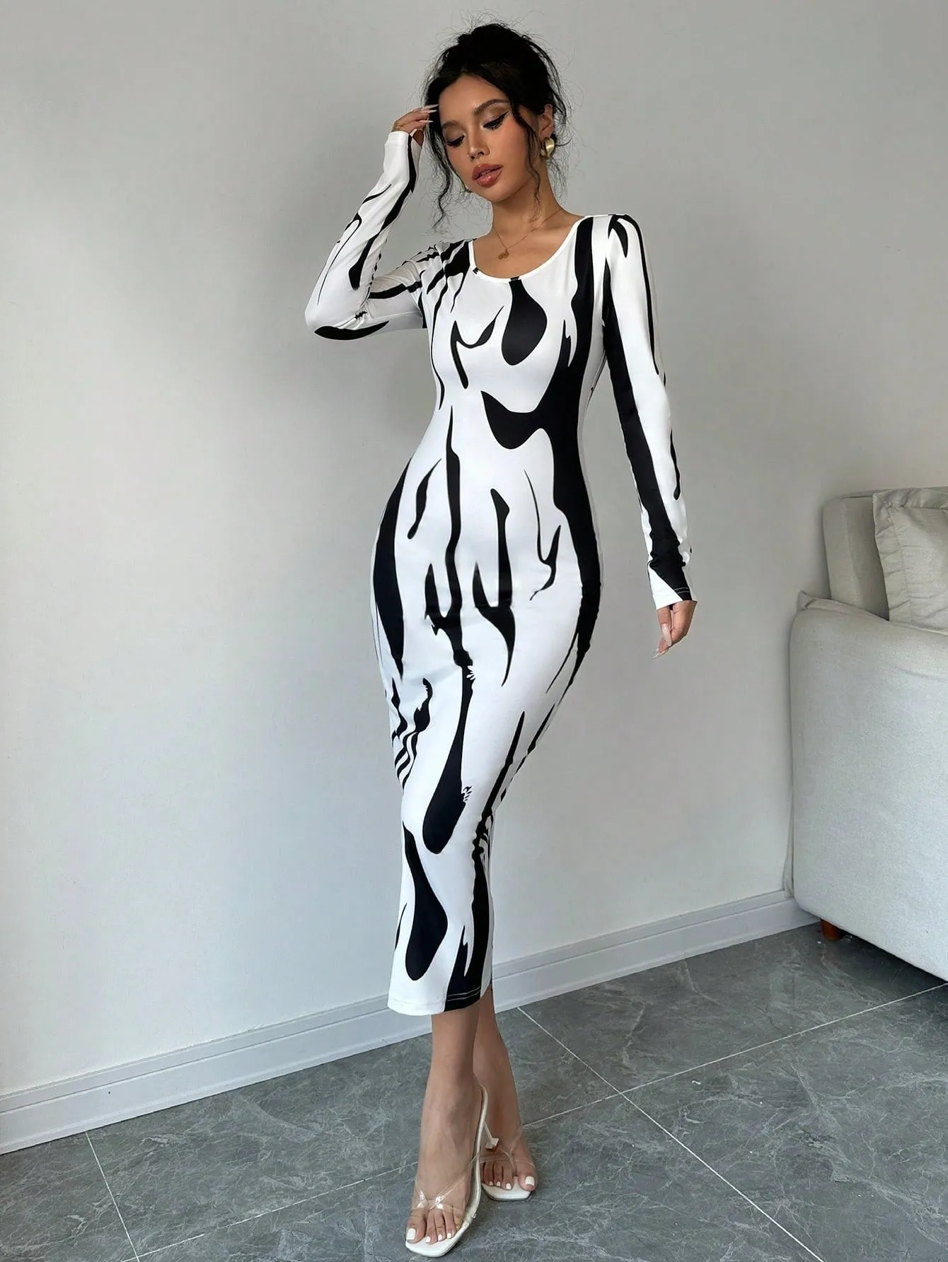 Asymmetrical Print Bodycon Long Sleeve Midi Dress For Women Maxi Women Outfit sold by Negative product image thumbnail 4